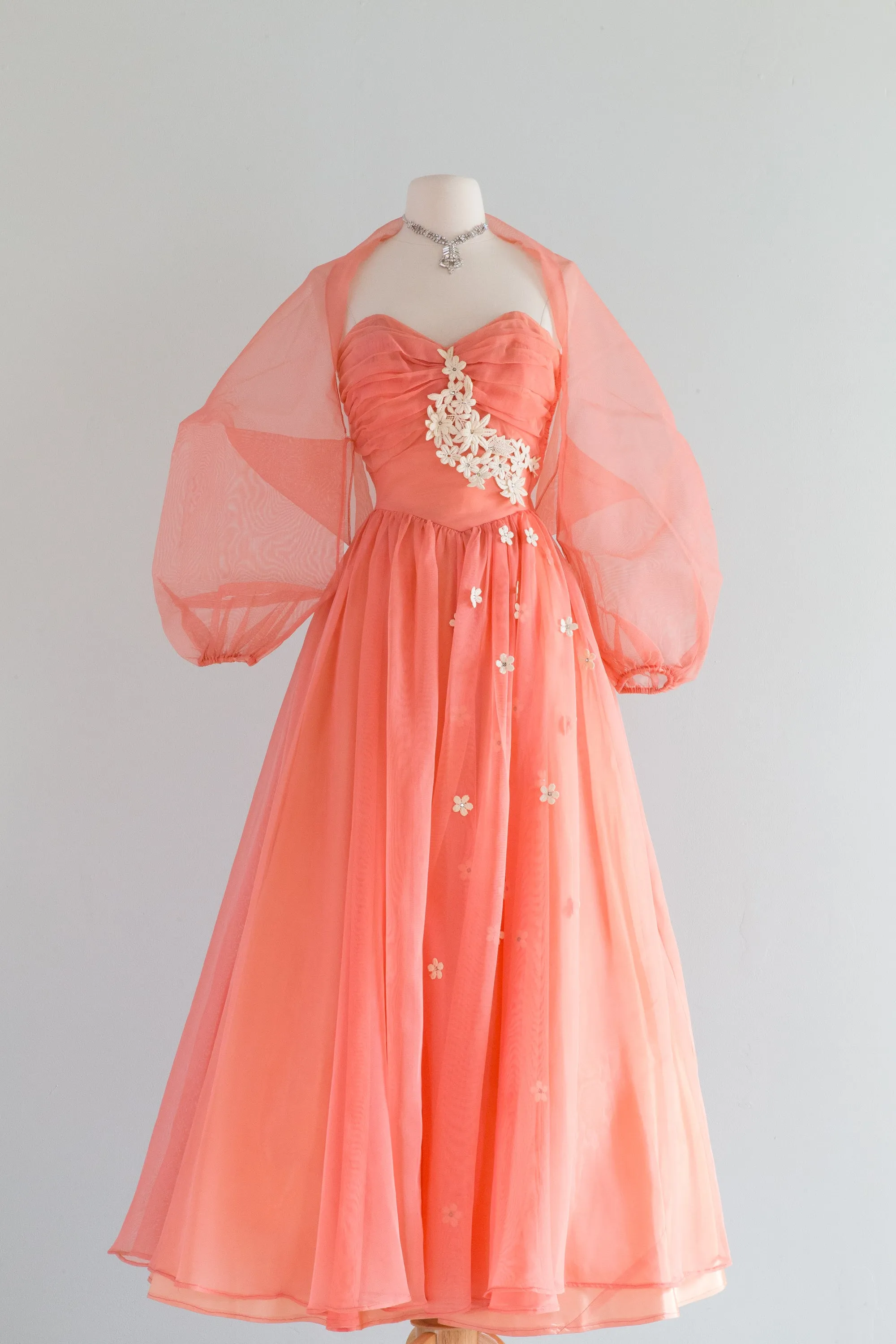 1950's Coral Splendor Formal Gown With Floral Applique & Jacket / Small