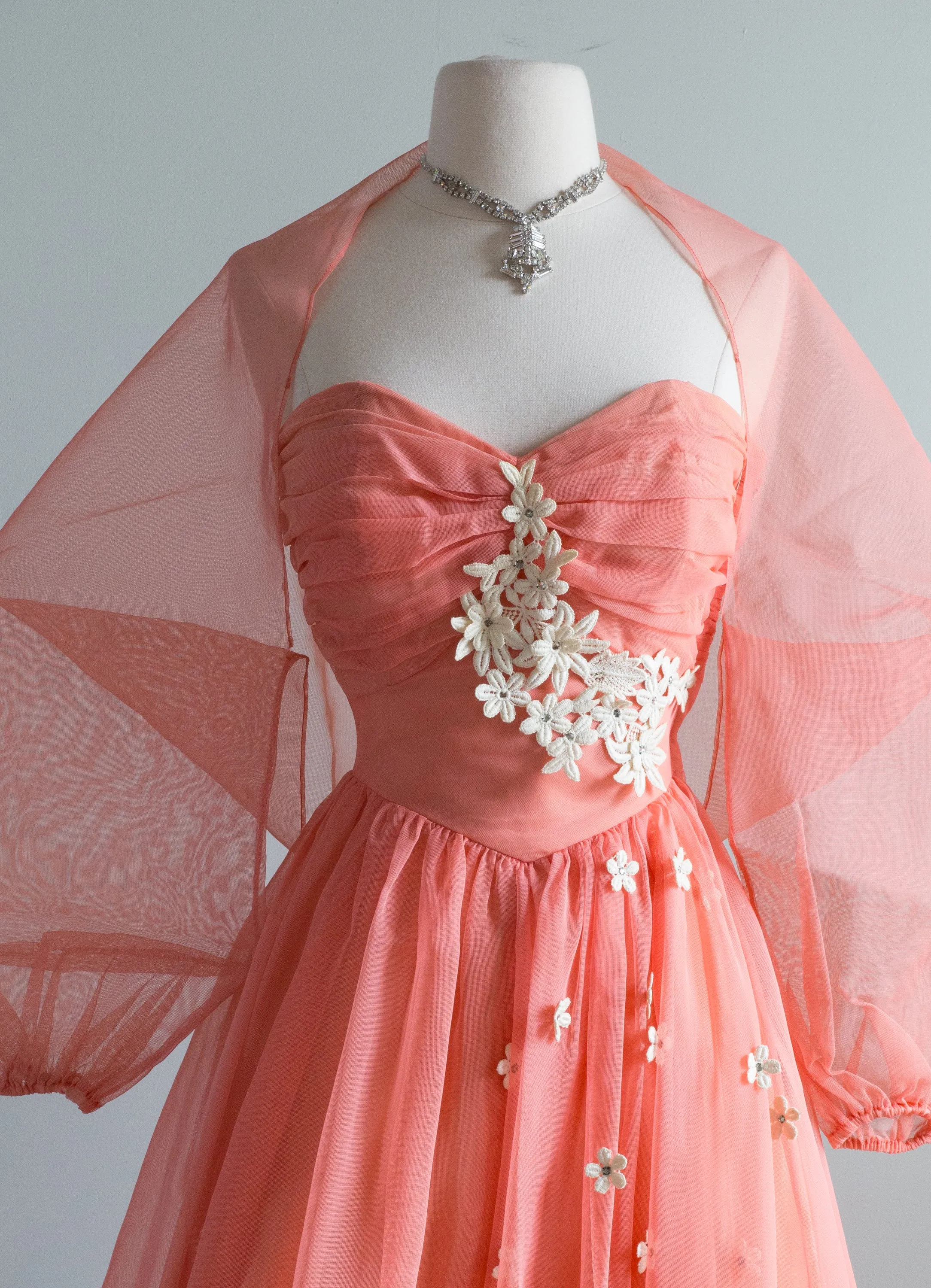 1950's Coral Splendor Formal Gown With Floral Applique & Jacket / Small