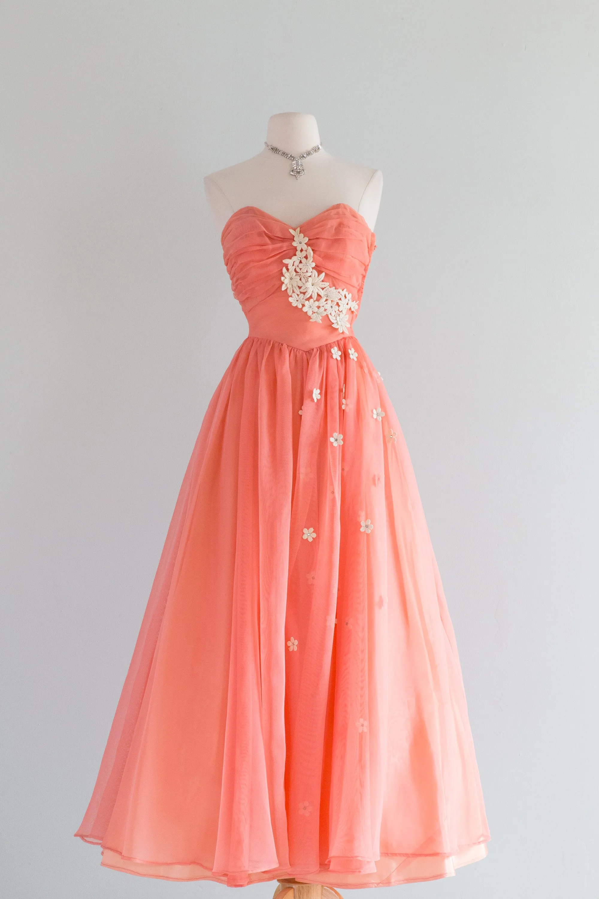 1950's Coral Splendor Formal Gown With Floral Applique & Jacket / Small