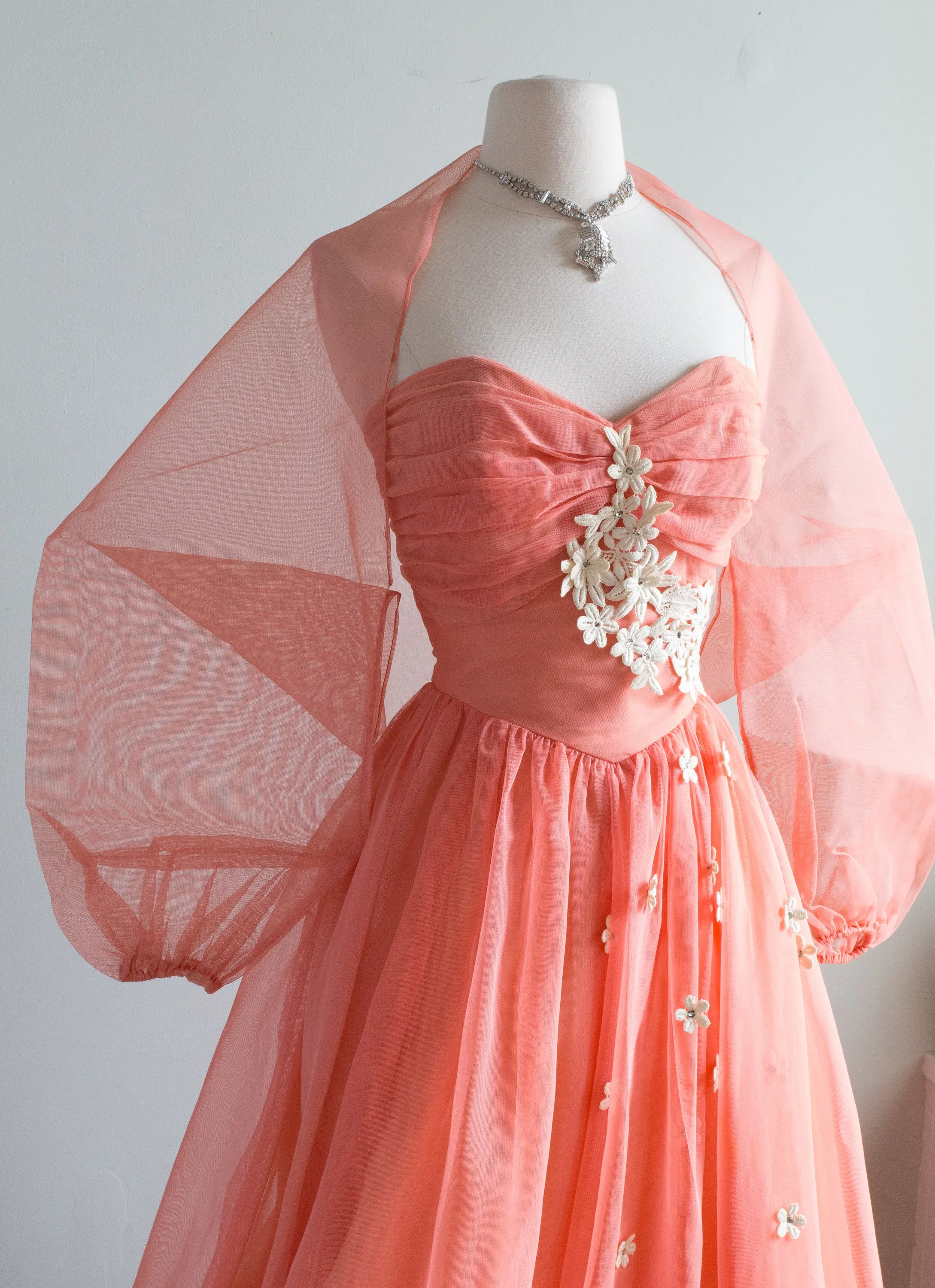 1950's Coral Splendor Formal Gown With Floral Applique & Jacket / Small
