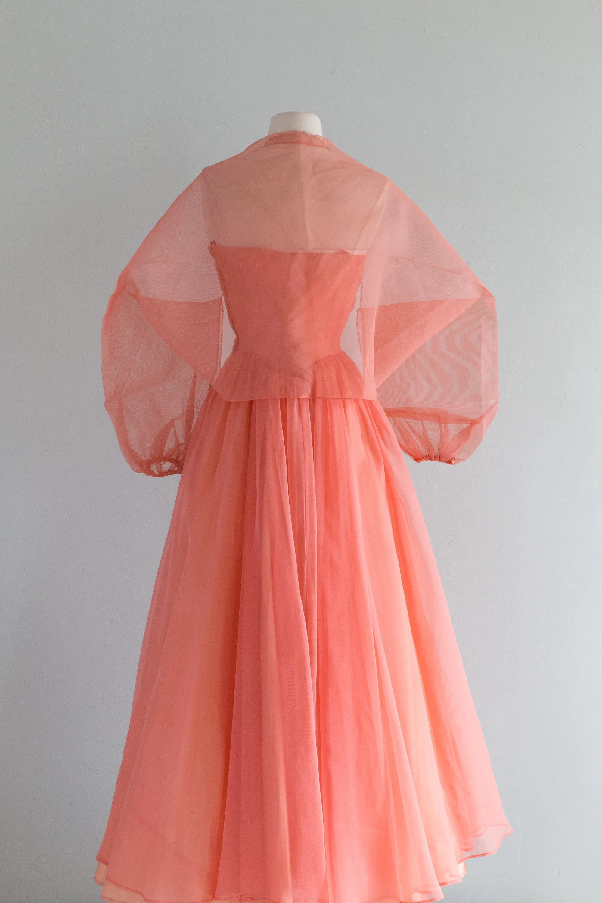 1950's Coral Splendor Formal Gown With Floral Applique & Jacket / Small