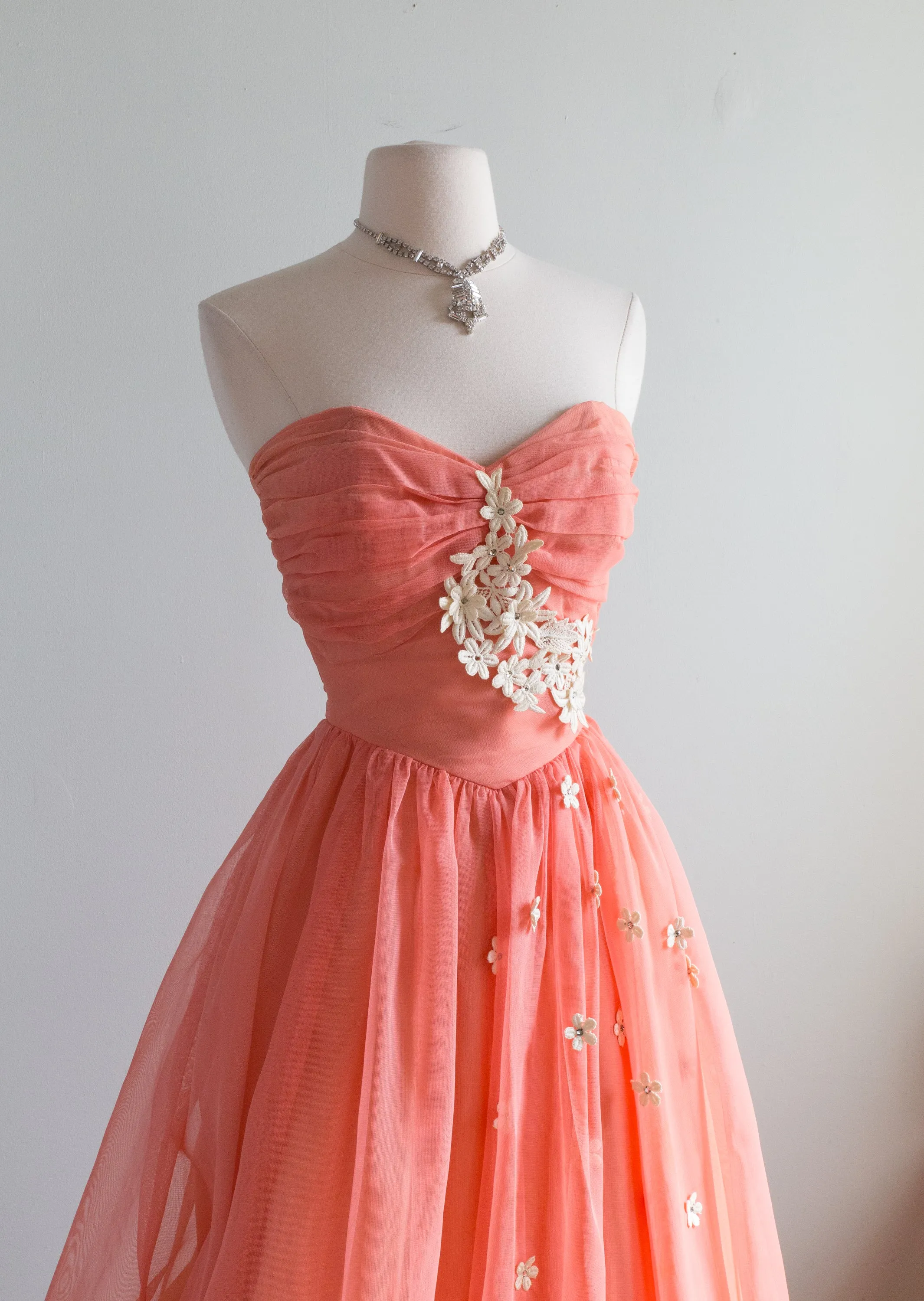 1950's Coral Splendor Formal Gown With Floral Applique & Jacket / Small
