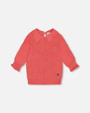3/4 Knit Sweater with Collar - Coral