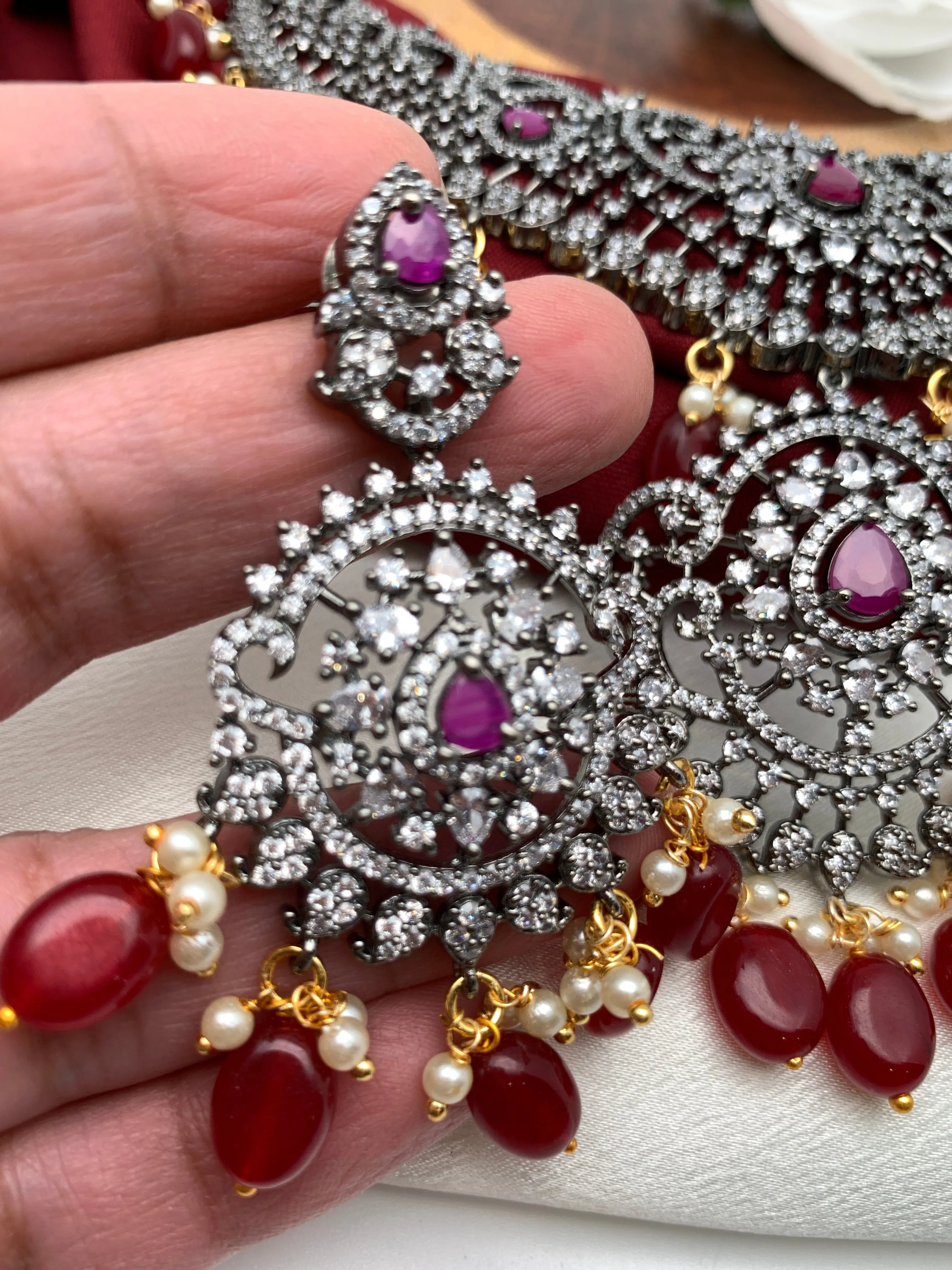 AD Red Stone Red Beads Pearls Victorian Finish Stiff Neckline Neckalce
