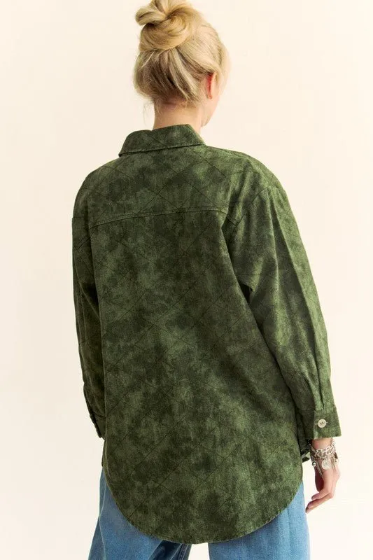 Army Green Curved Hem Button Up Denim Shacket