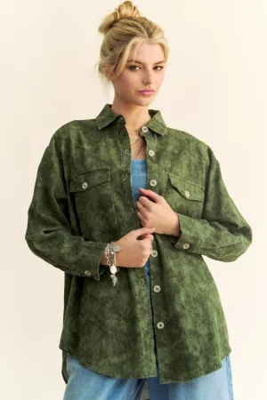 Army Green Curved Hem Button Up Denim Shacket