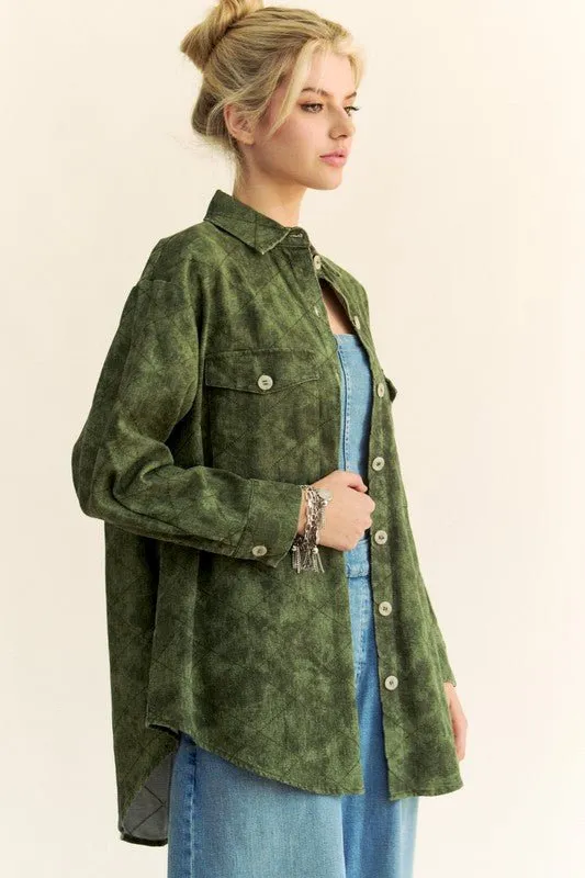 Army Green Curved Hem Button Up Denim Shacket