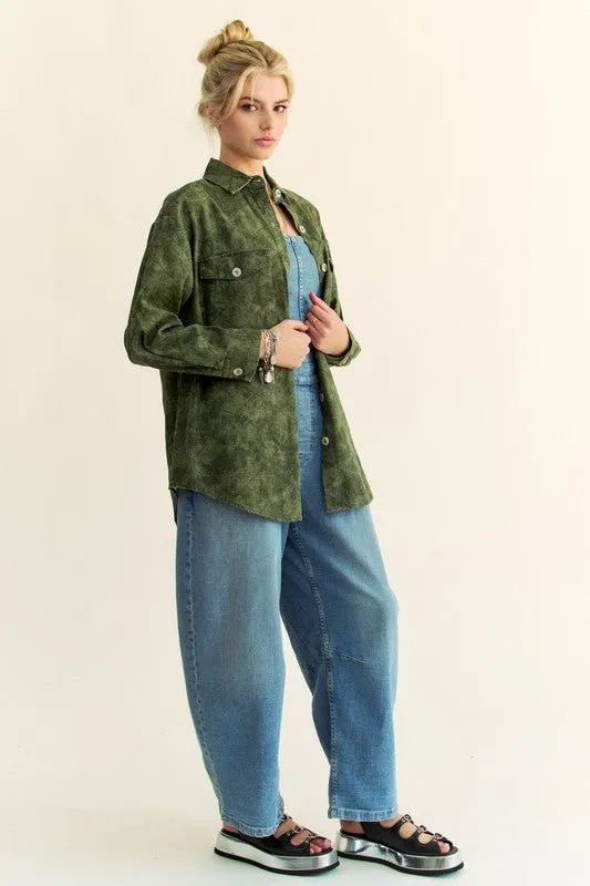 Army Green Curved Hem Button Up Denim Shacket