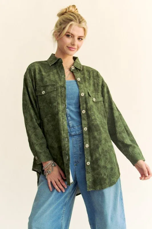 Army Green Curved Hem Button Up Denim Shacket