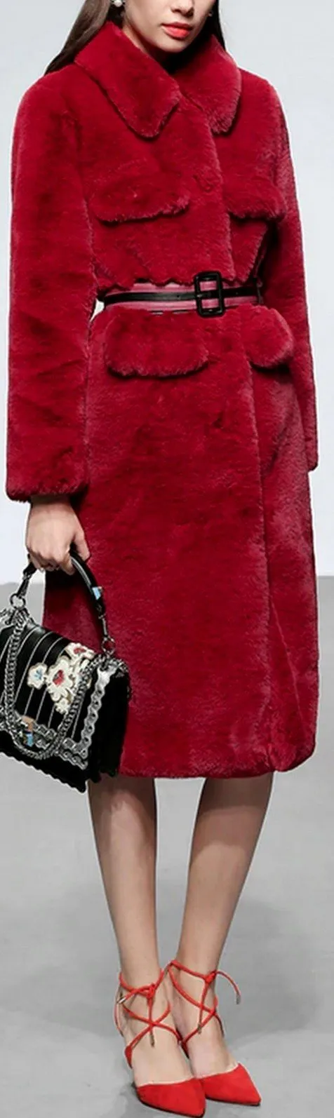 Belted Faux-Fur Coat, Raspberry Red