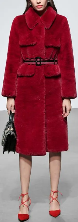 Belted Faux-Fur Coat, Raspberry Red