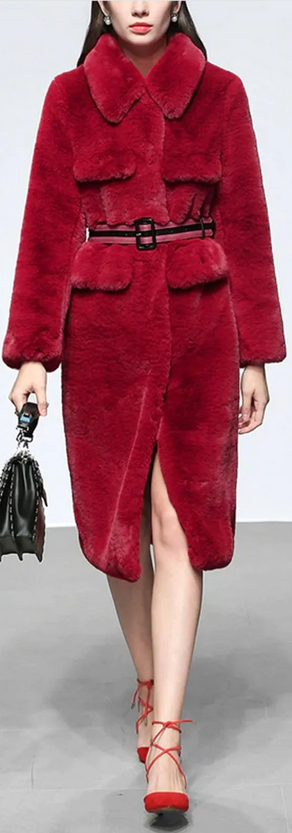 Belted Faux-Fur Coat, Raspberry Red