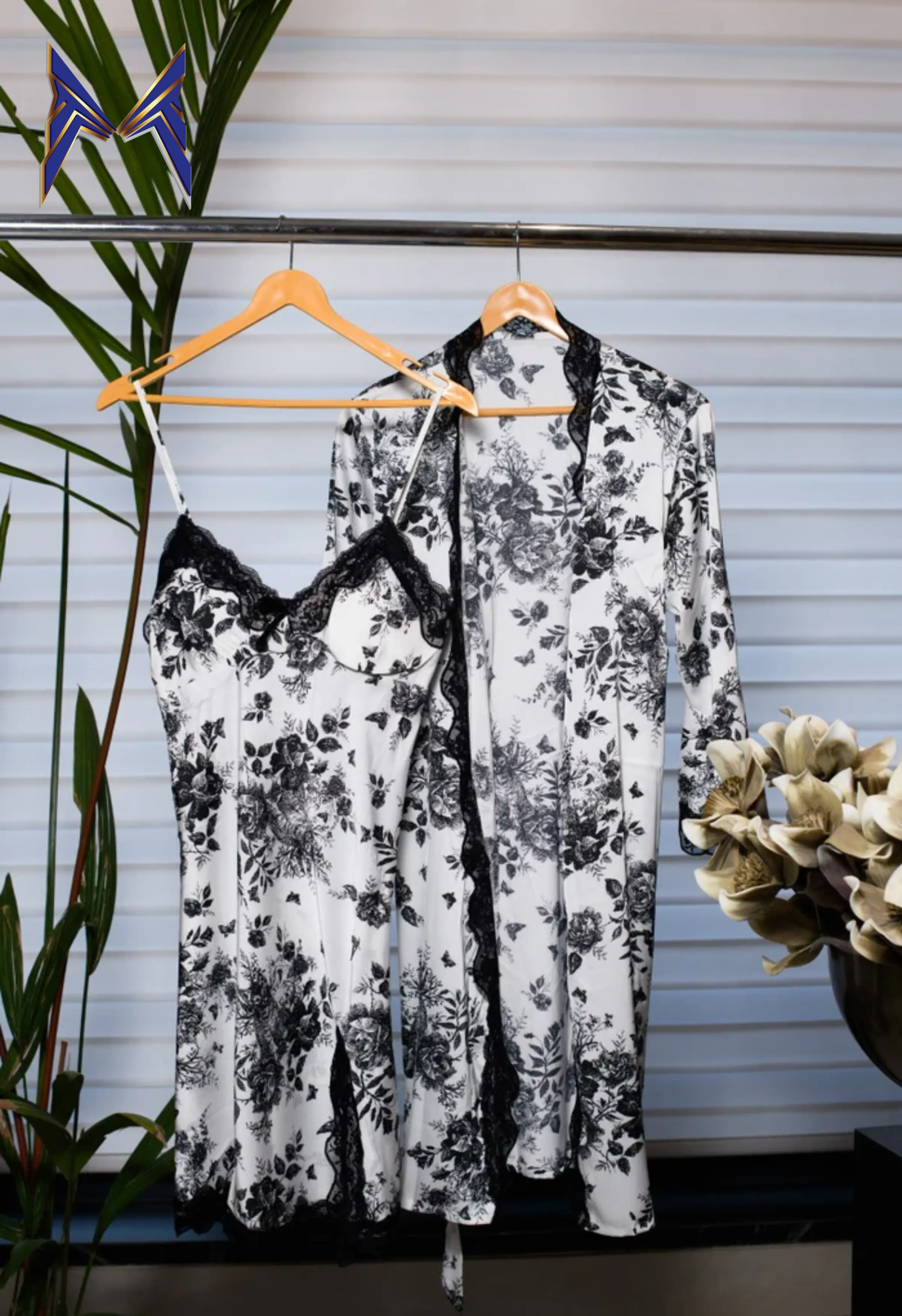 Black and White Night Gown with Lace Accents and Matching Jacket