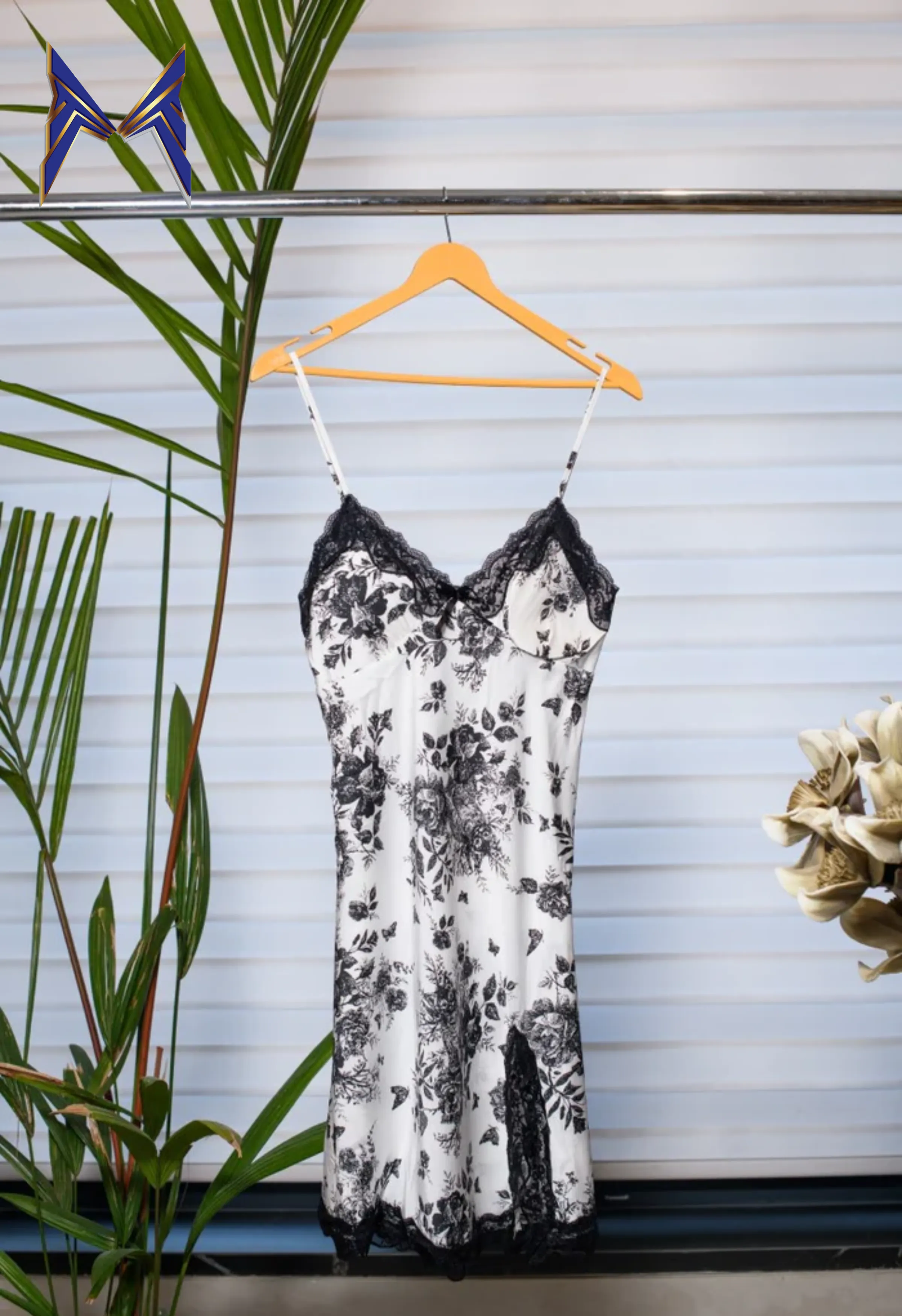 Black and White Night Gown with Lace Accents and Matching Jacket