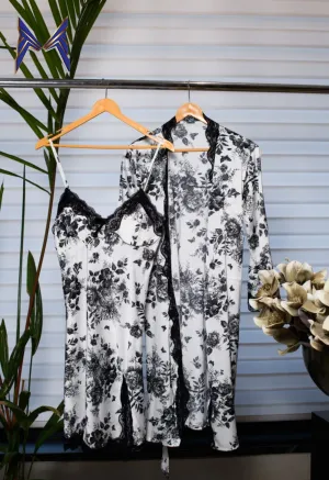Black and White Night Gown with Lace Accents and Matching Jacket