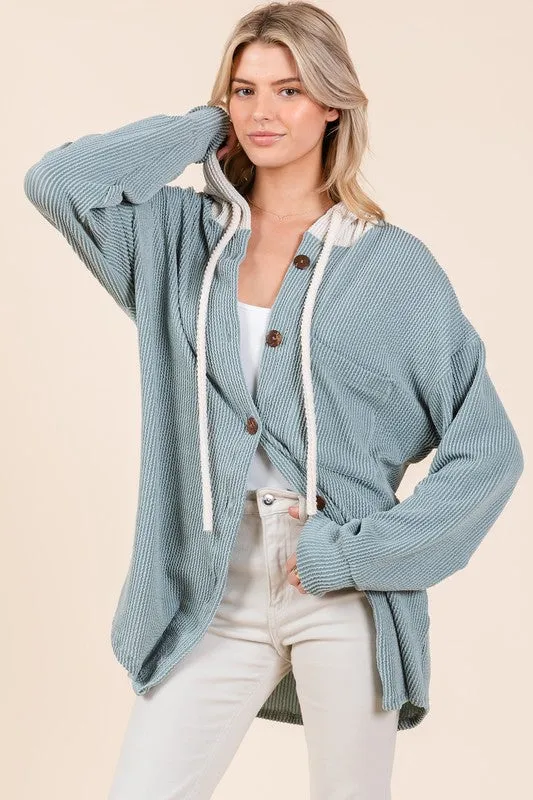 BOMBOM Textured Button Down Drawstring Hooded Shacket