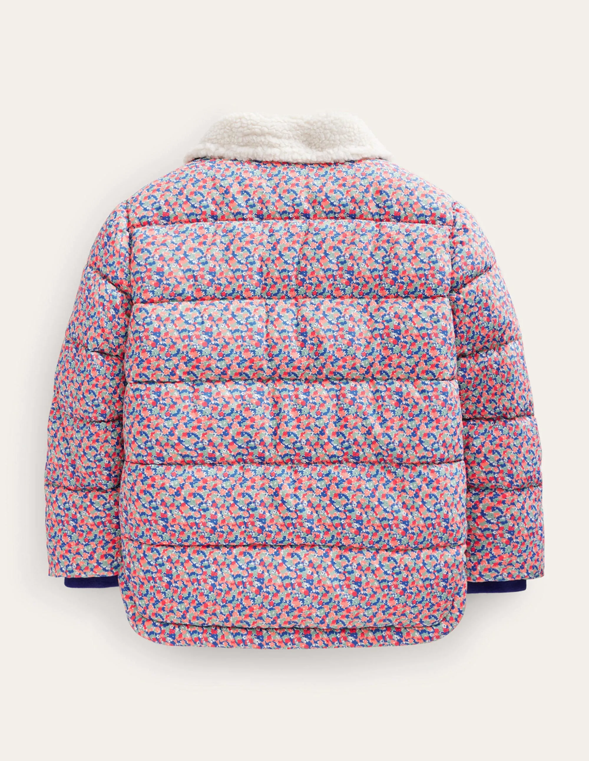 Borg Detail Padded Jacket-Jam Red Micro Floral