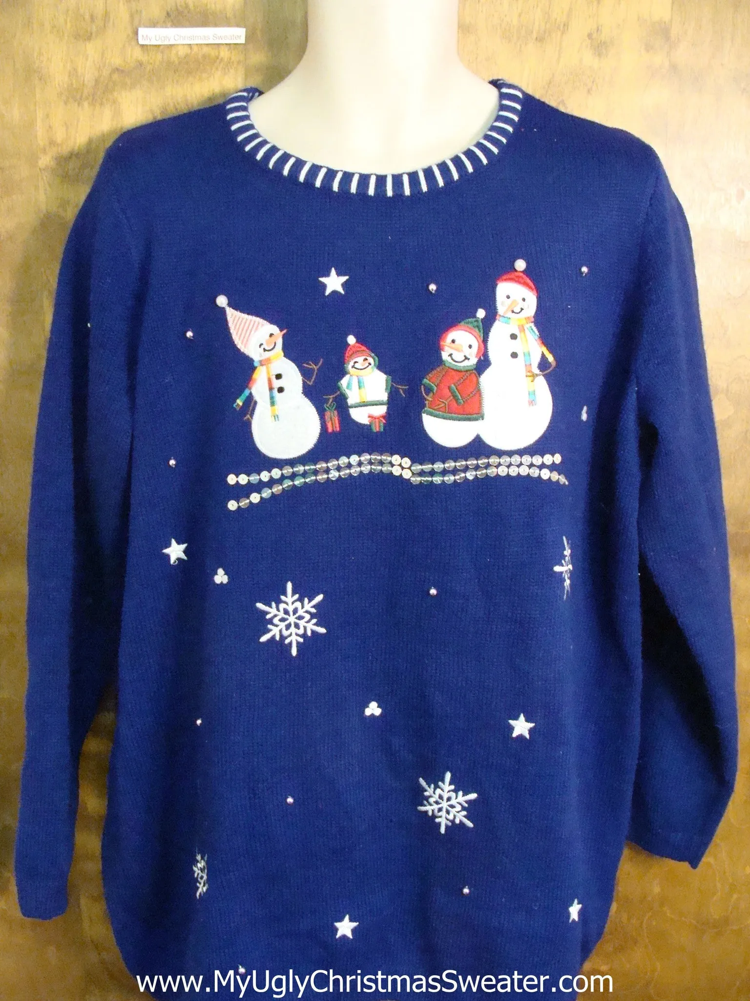 Bright Blue Funny Christmas Sweater with Snowmen