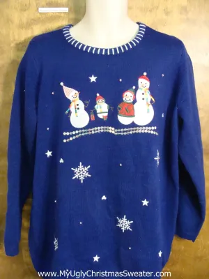 Bright Blue Funny Christmas Sweater with Snowmen