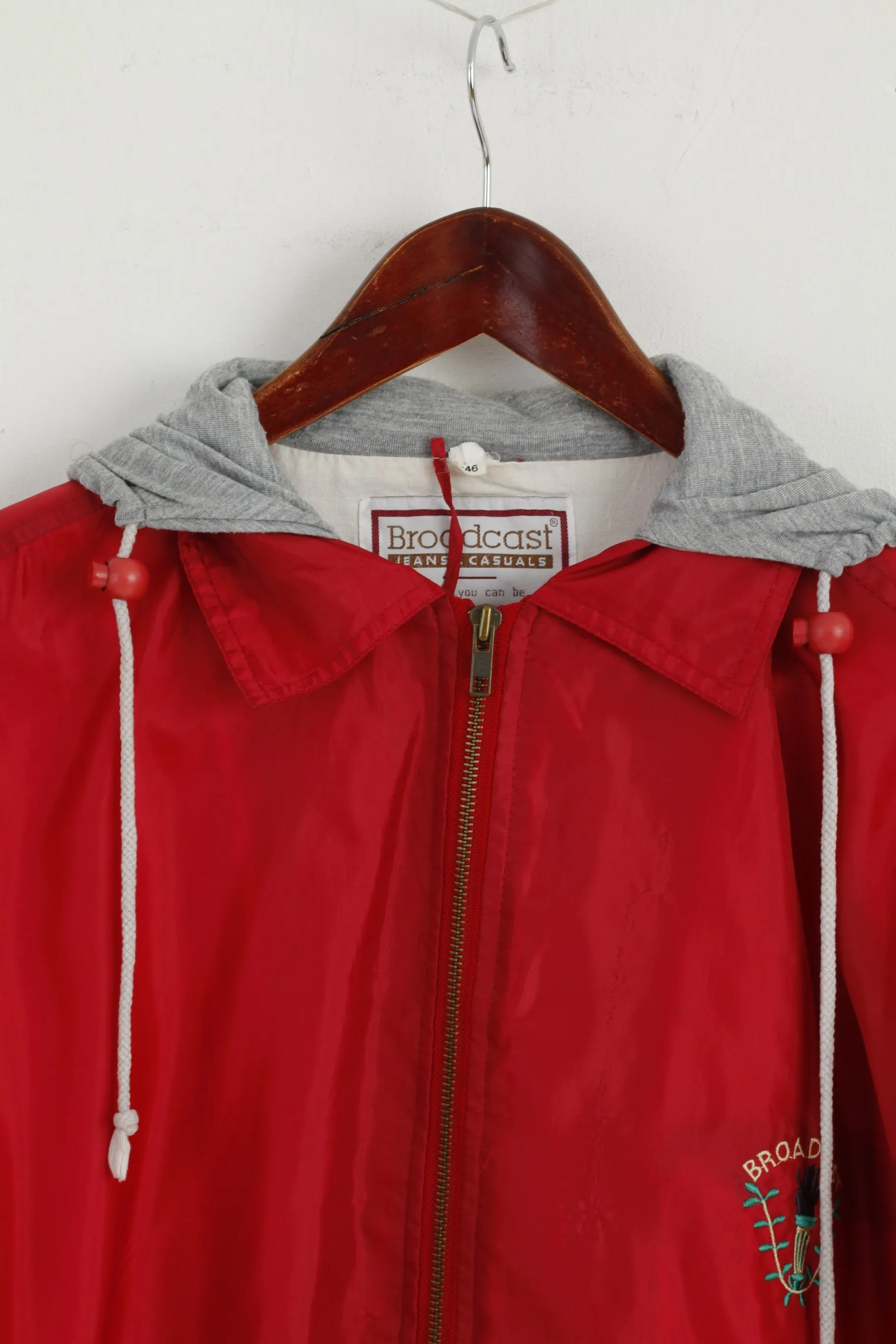 Broadcast Men 46 L Jacket Red Vintage Nylon Waterproof Nylon Full Zipper Hoooded Top