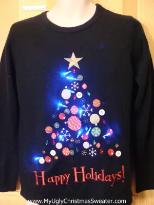 Button Bling Tree Light Up Ugly Christmas Sweater