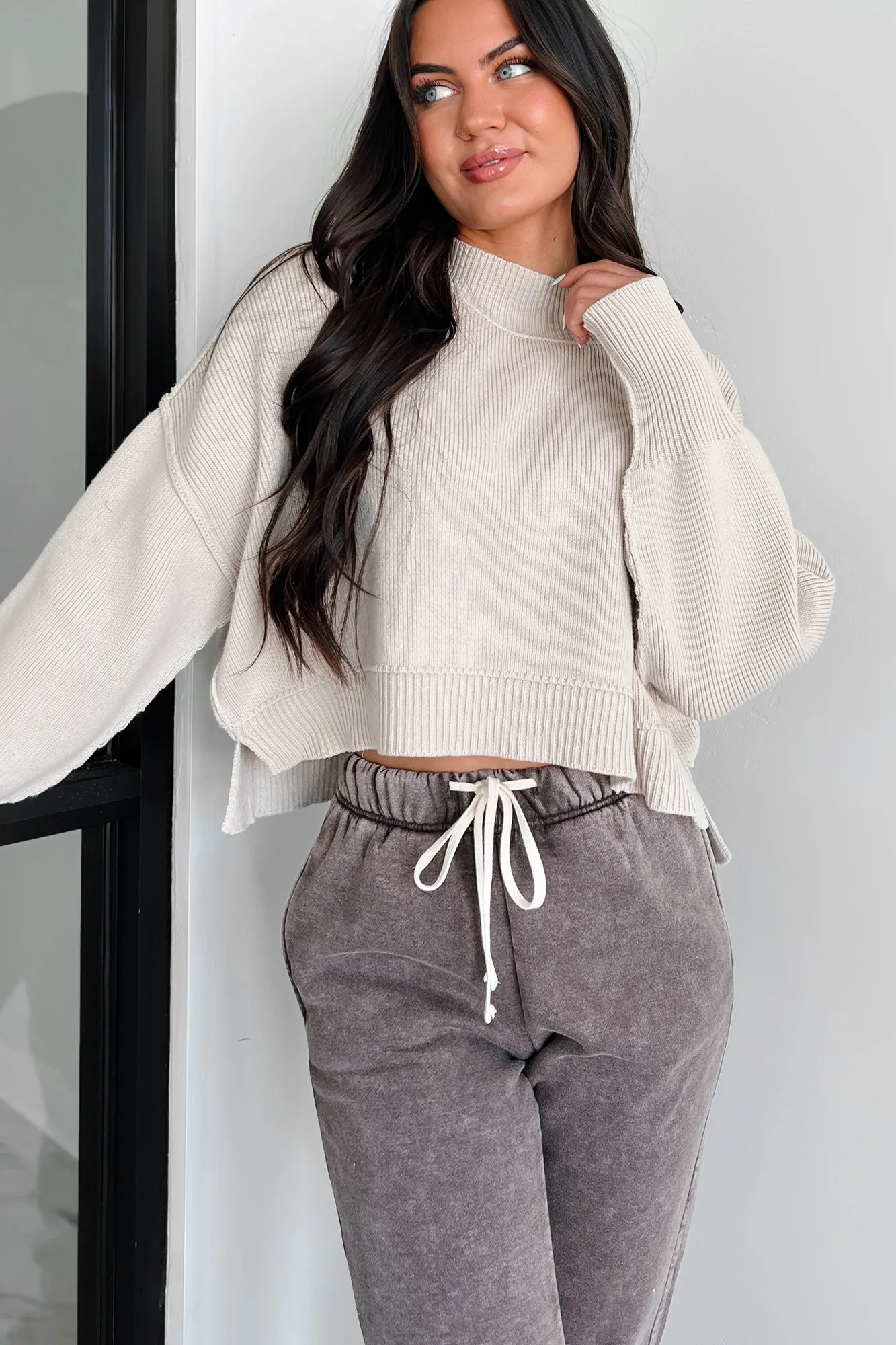 Cheerful Charm Oversized Zenana Crop Sweater (Sand Beige)