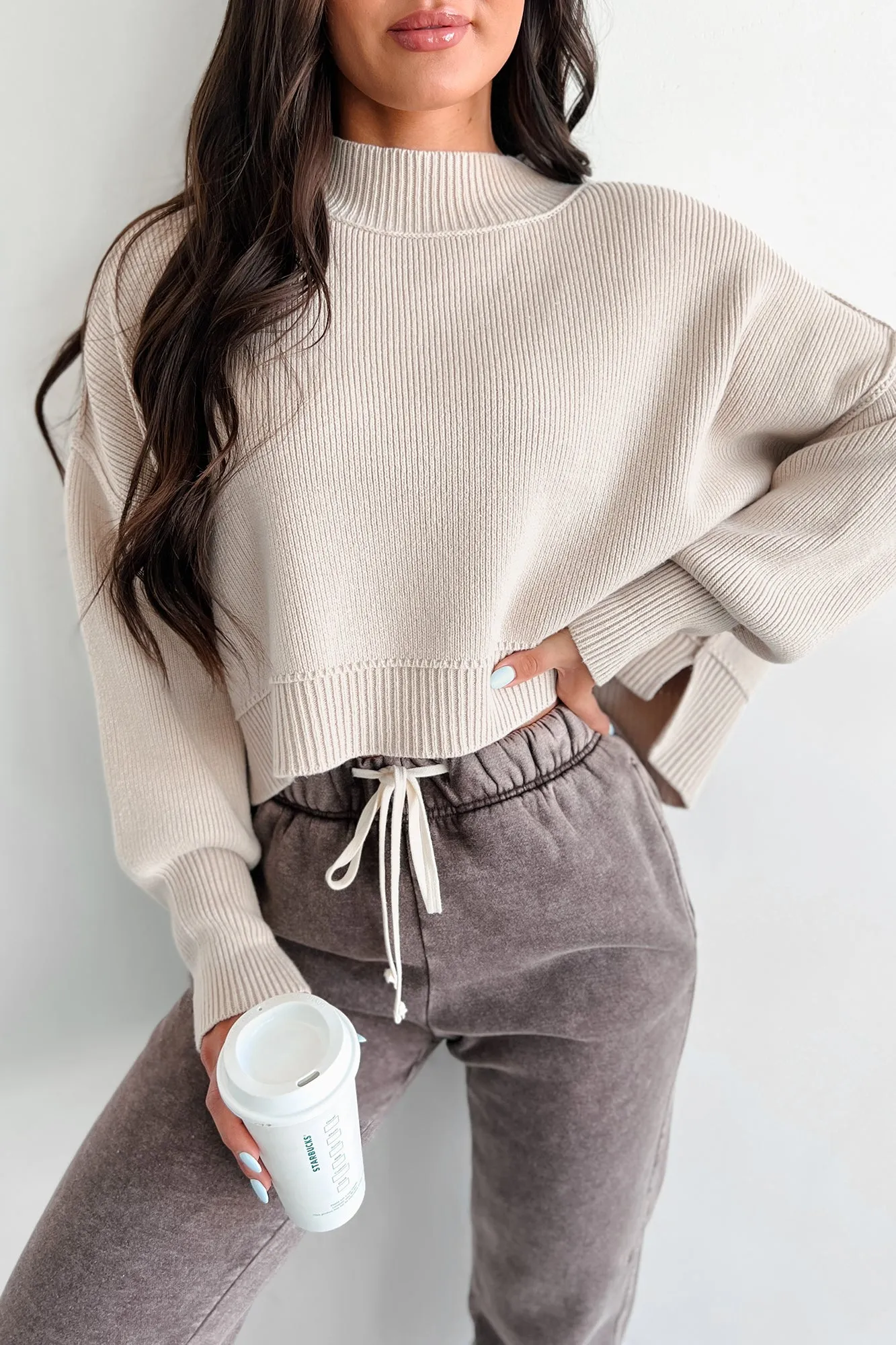 Cheerful Charm Oversized Zenana Crop Sweater (Sand Beige)