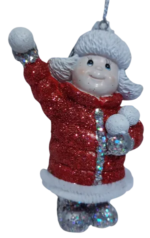 Child Ornament with Snowballs/Red Winter Jacket with Glitter 4"