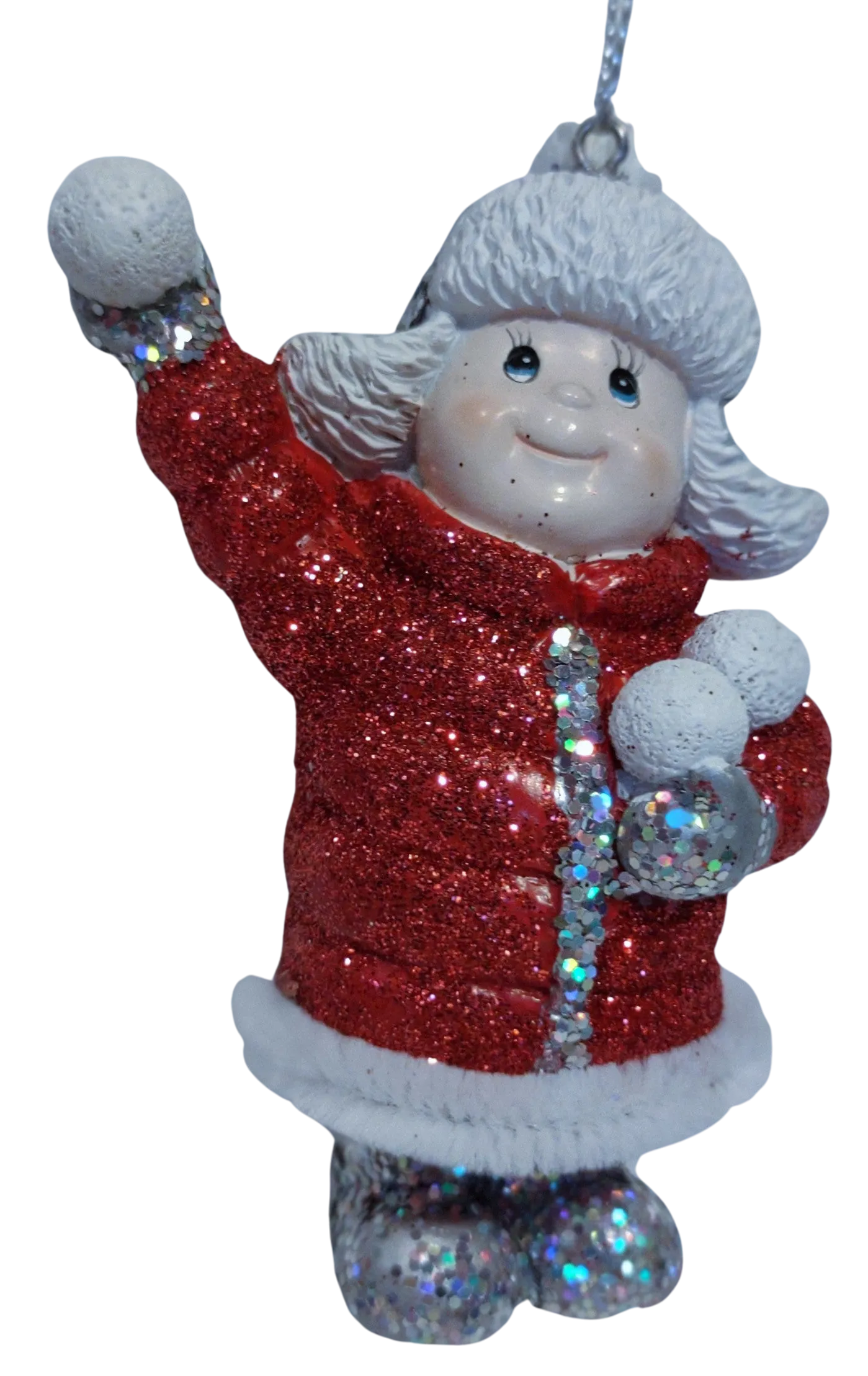 Child Ornament with Snowballs/Red Winter Jacket with Glitter 4"