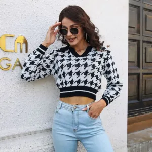 Collar Houndstooth Cropped Sweater FR1049