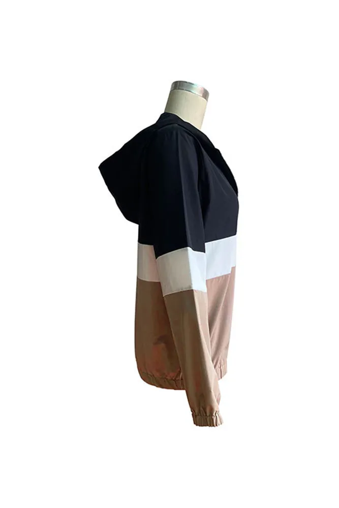 Color Block Open Zipper Drawstring Hem Winter Outfits Coat