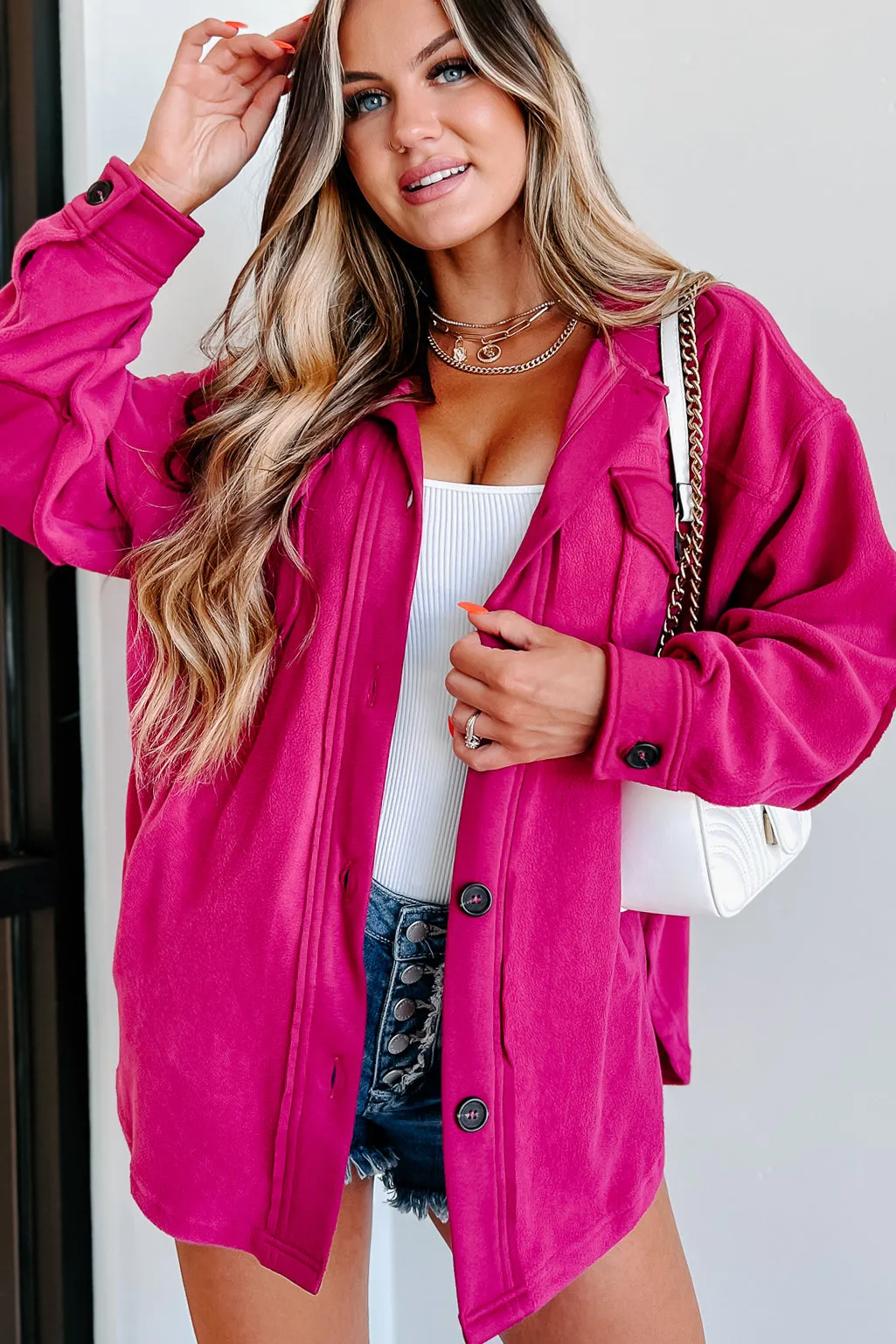 Cozy Campfire Nights Oversized Fleece Shacket (Magenta)