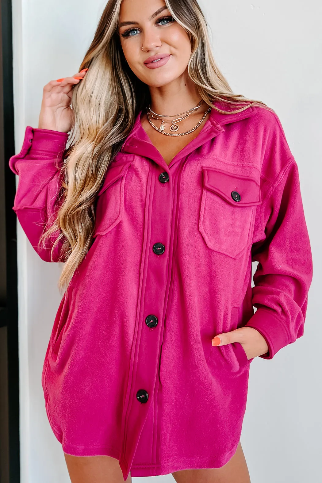 Cozy Campfire Nights Oversized Fleece Shacket (Magenta)