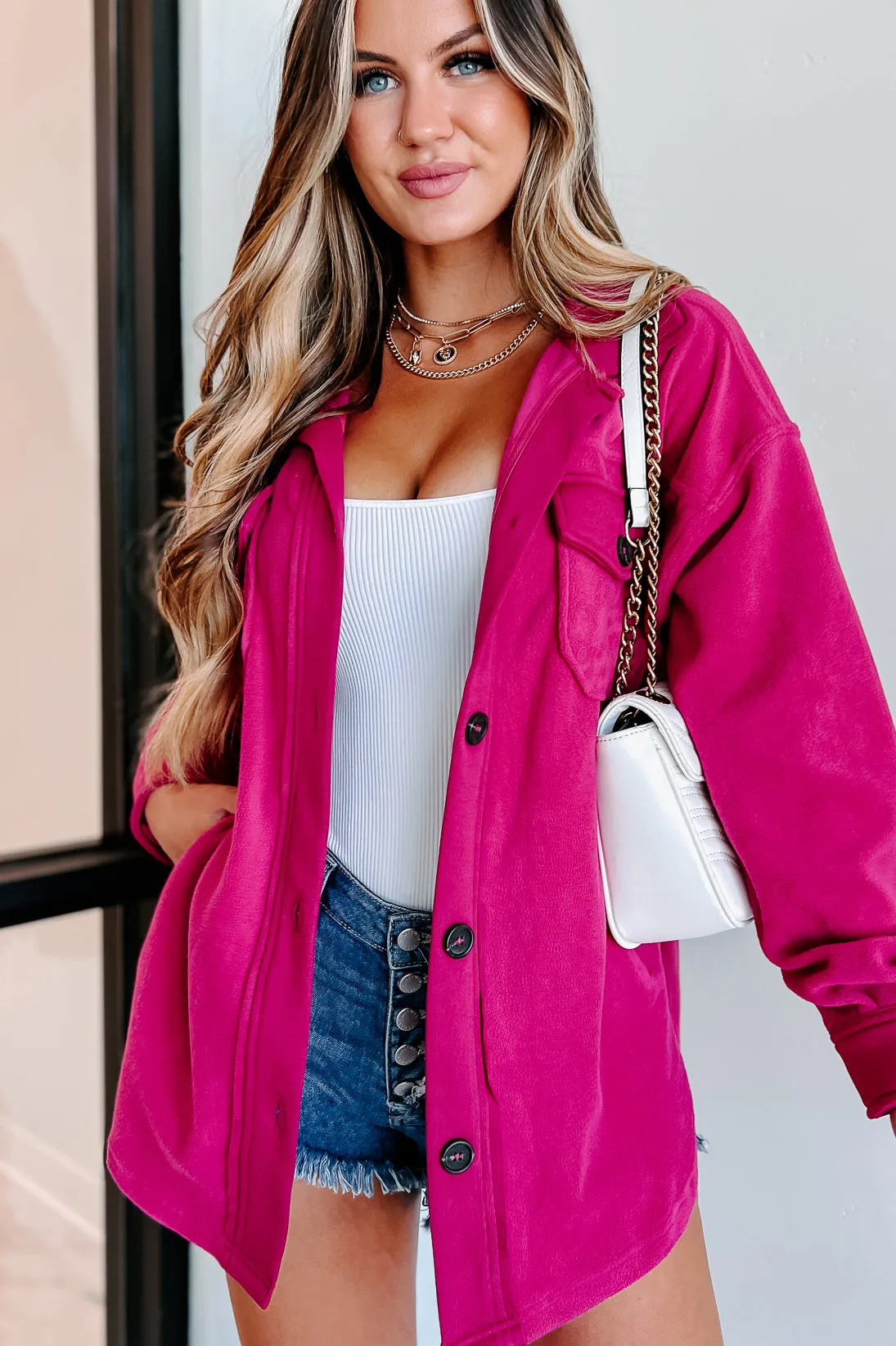 Cozy Campfire Nights Oversized Fleece Shacket (Magenta)