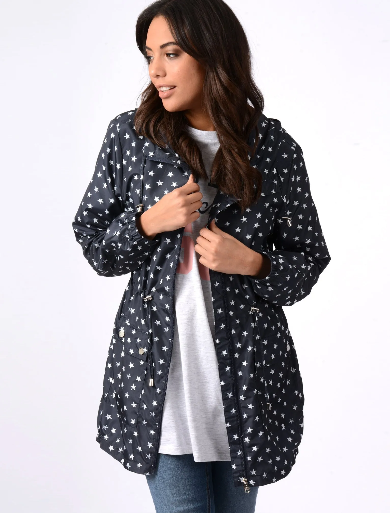 Dragonboat Star Print Hooded Rain Coat In Peacoat Black - Tokyo Laundry
