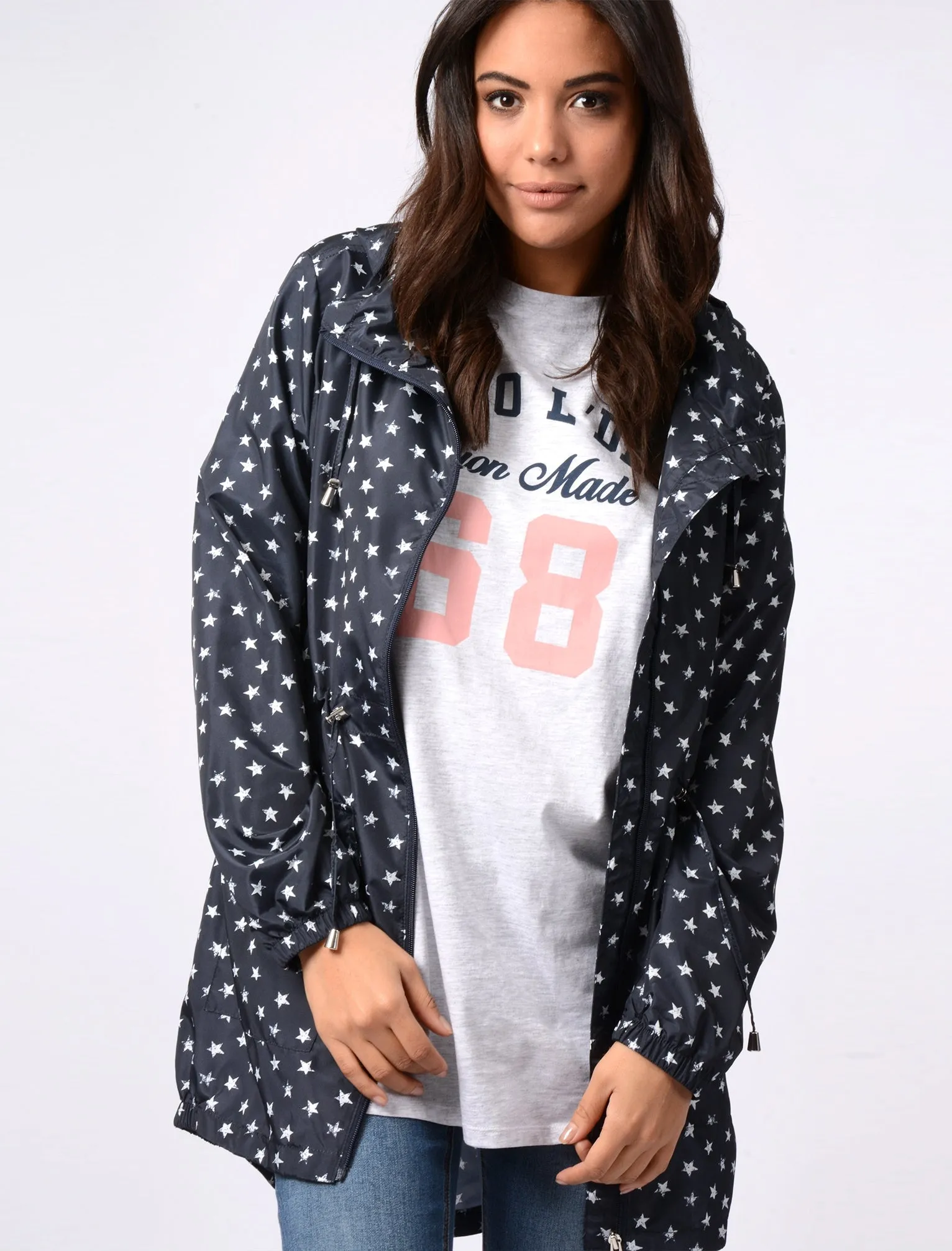 Dragonboat Star Print Hooded Rain Coat In Peacoat Black - Tokyo Laundry