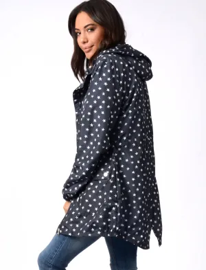 Dragonboat Star Print Hooded Rain Coat In Peacoat Black - Tokyo Laundry