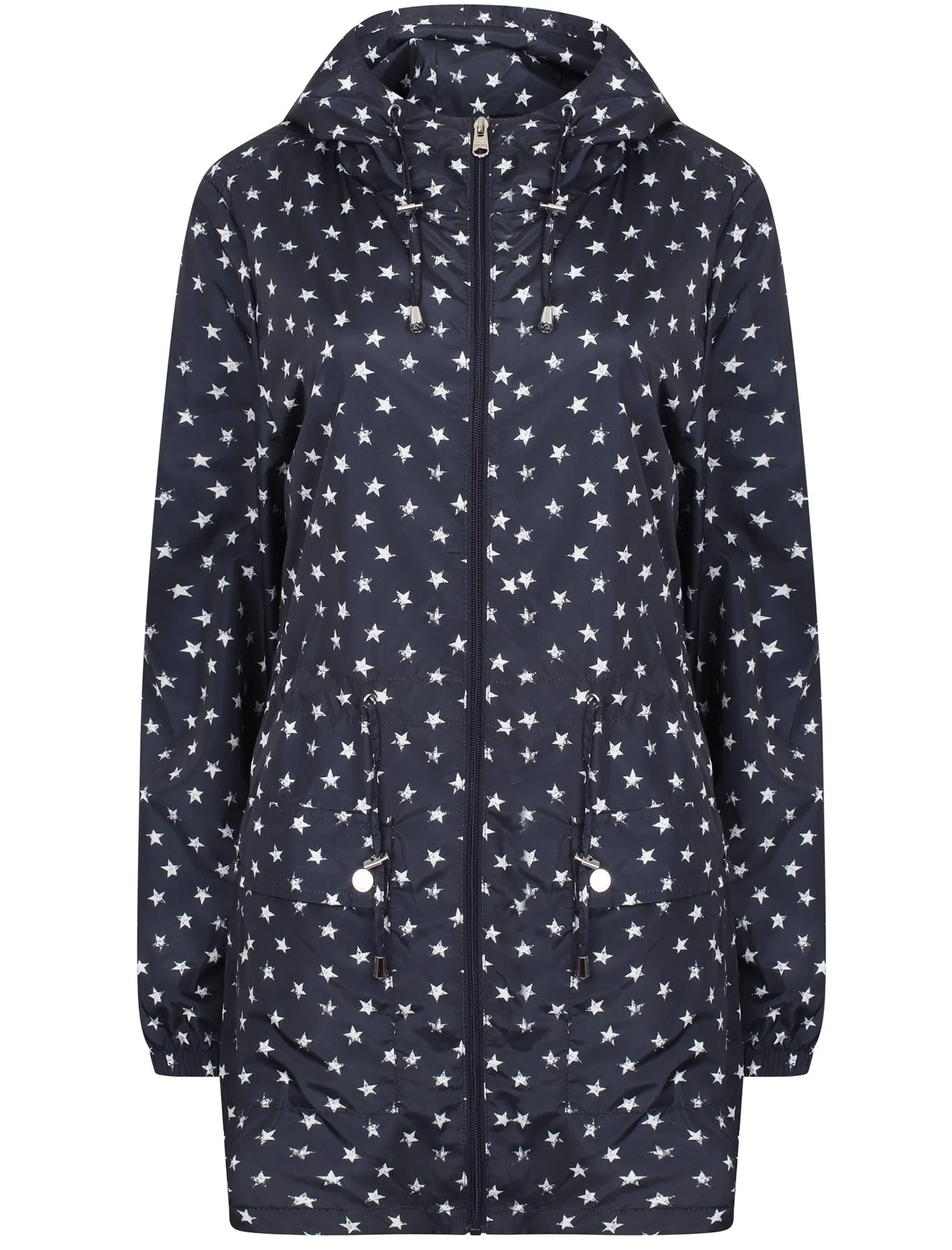 Dragonboat Star Print Hooded Rain Coat In Peacoat Black - Tokyo Laundry