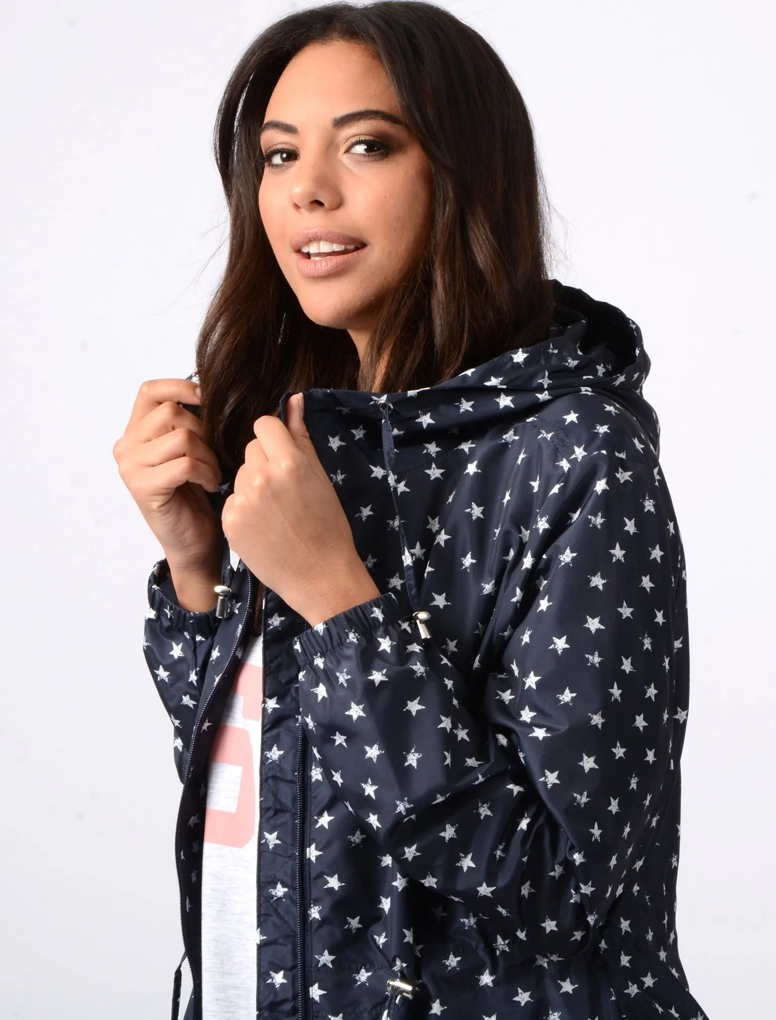 Dragonboat Star Print Hooded Rain Coat In Peacoat Black - Tokyo Laundry
