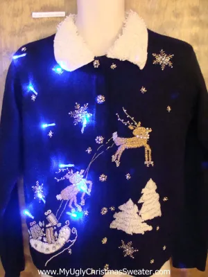Fancy Flying Reindeer Light Up Ugly Xmas Sweater