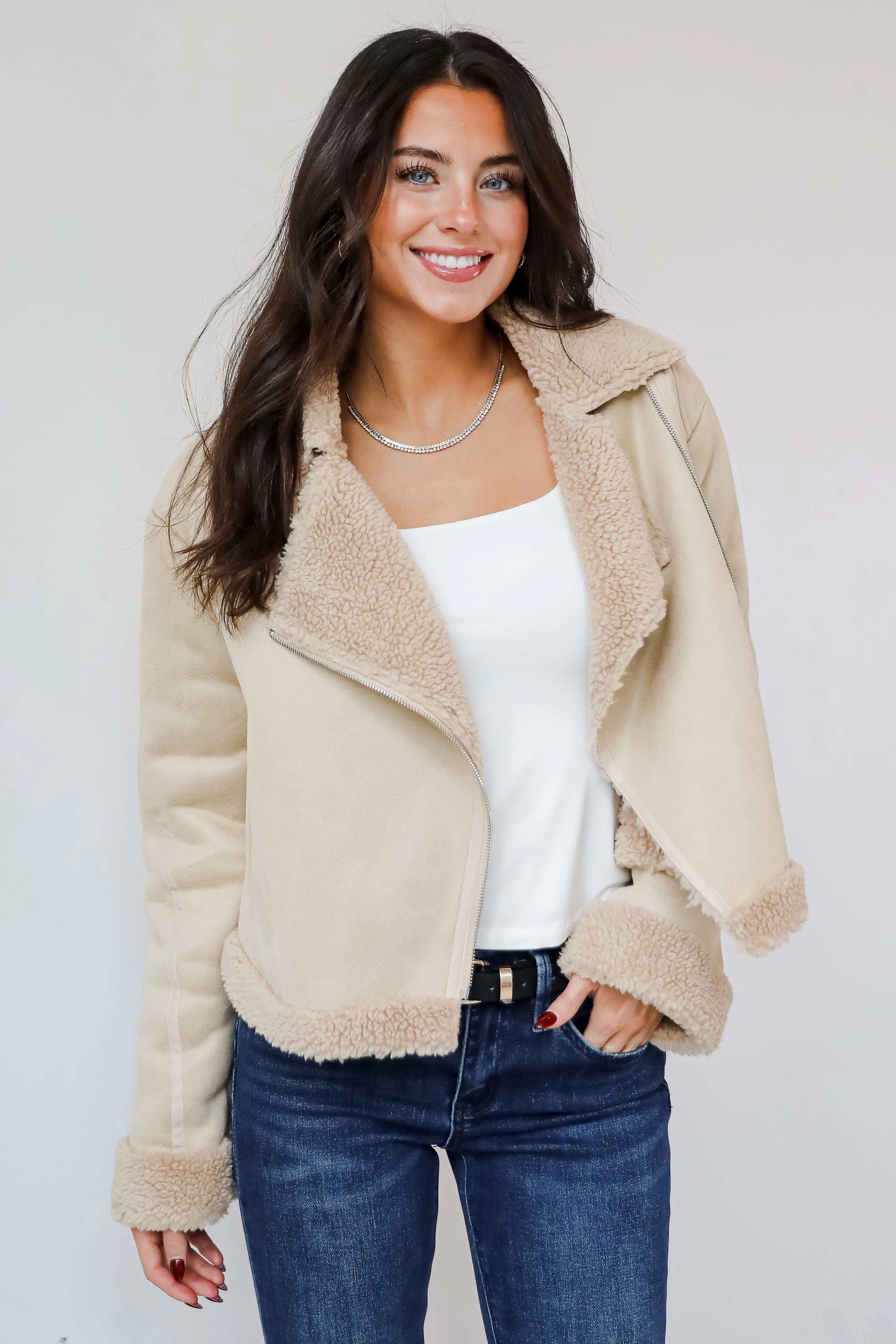 FINAL SALE - Sweetly Cozy Beige Sherpa Moto Jacket