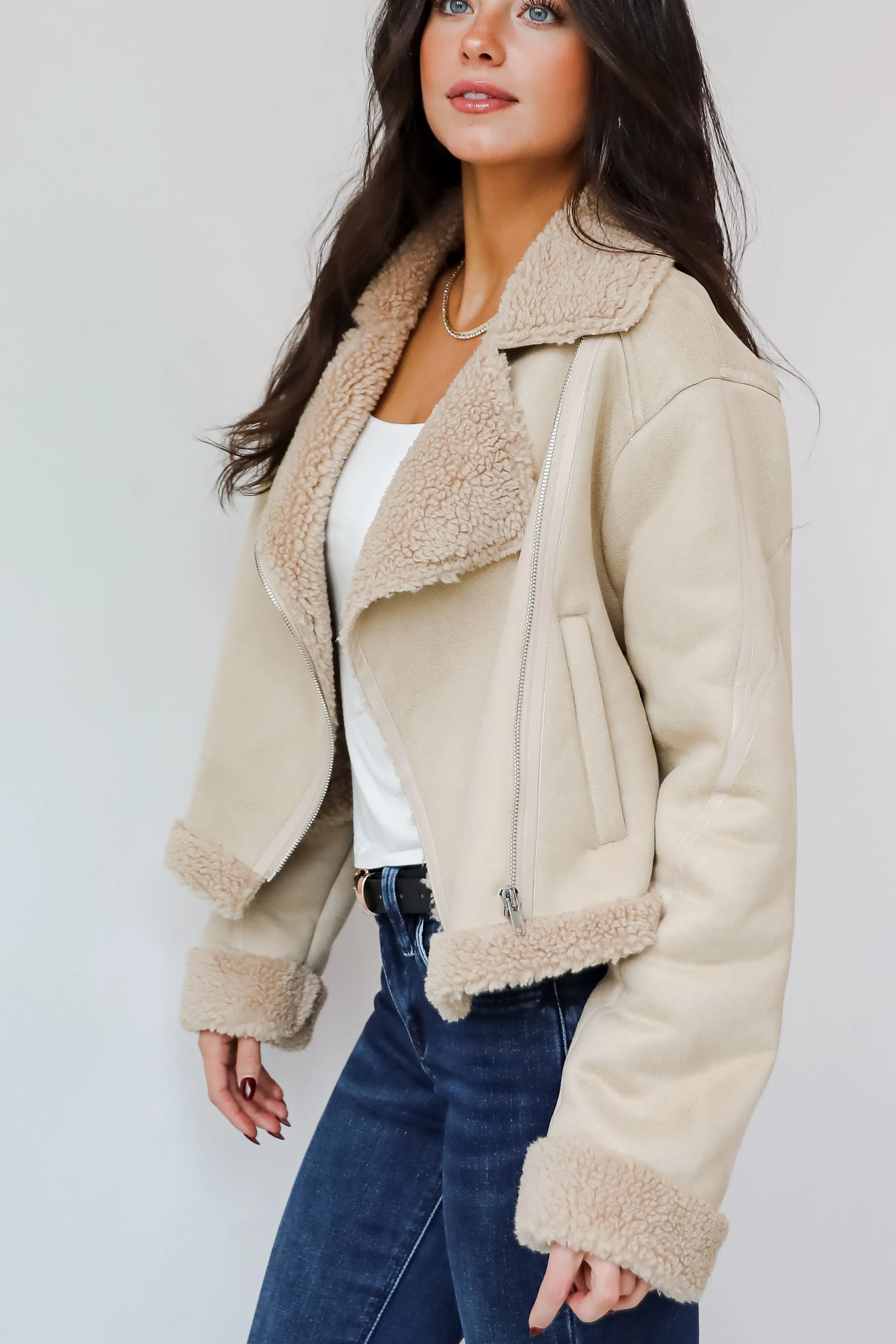 FINAL SALE - Sweetly Cozy Beige Sherpa Moto Jacket