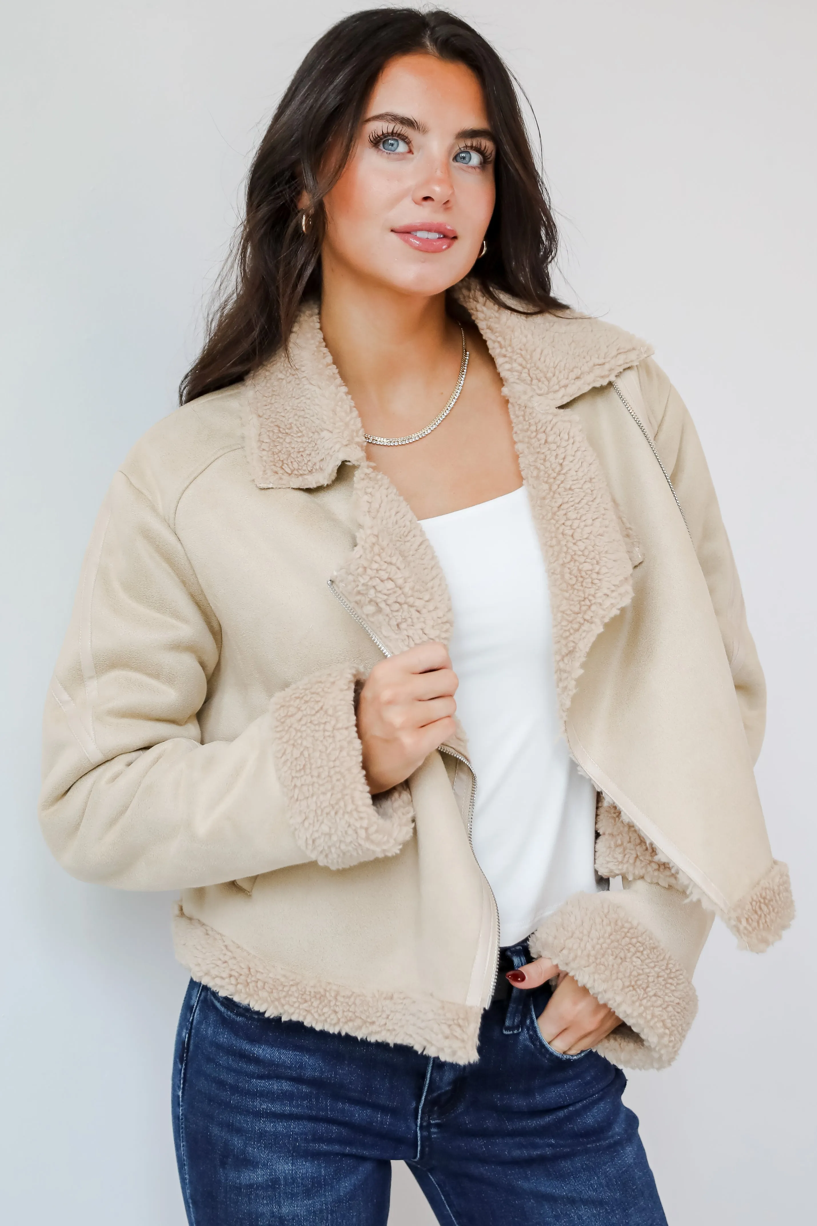 FINAL SALE - Sweetly Cozy Beige Sherpa Moto Jacket