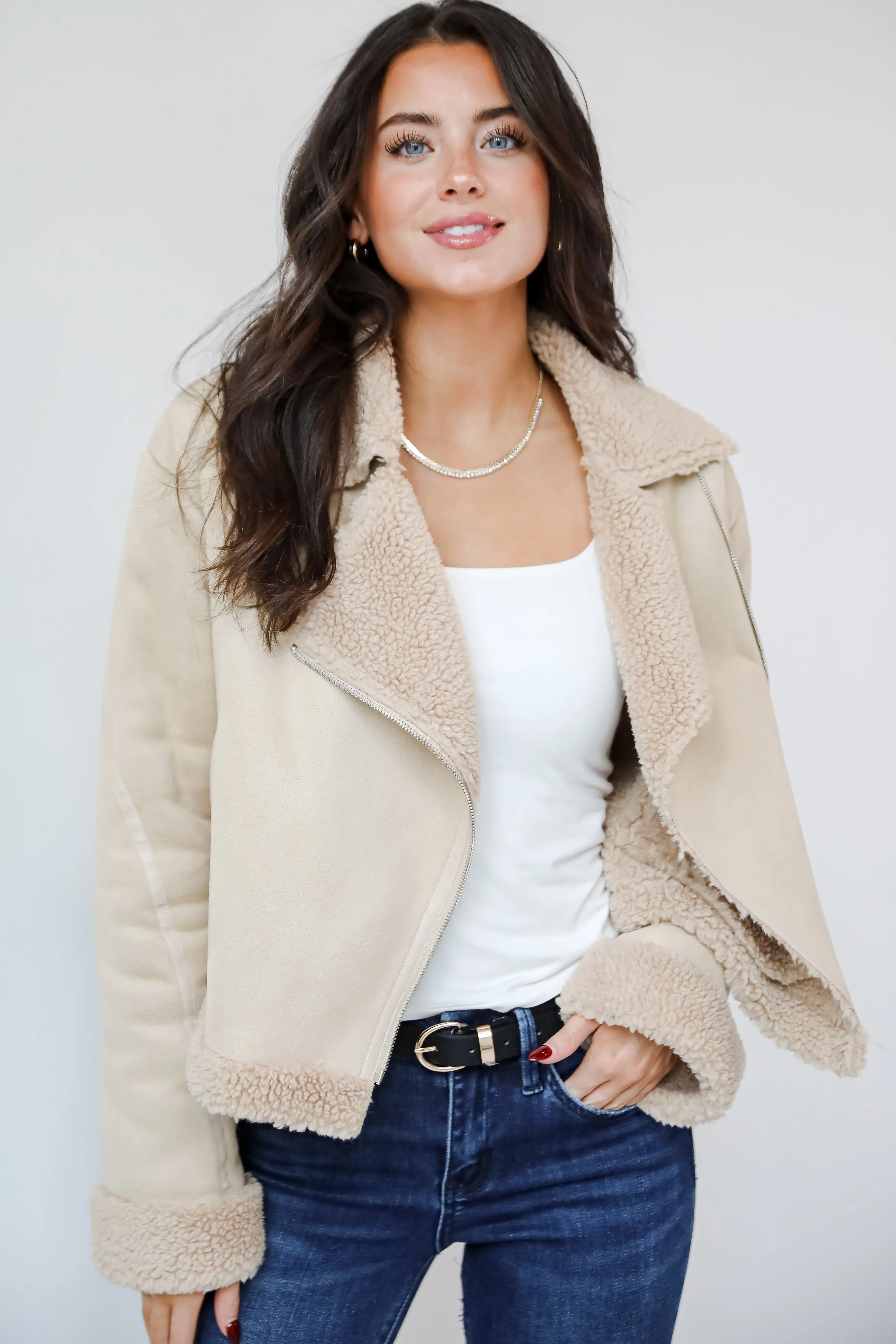 FINAL SALE - Sweetly Cozy Beige Sherpa Moto Jacket