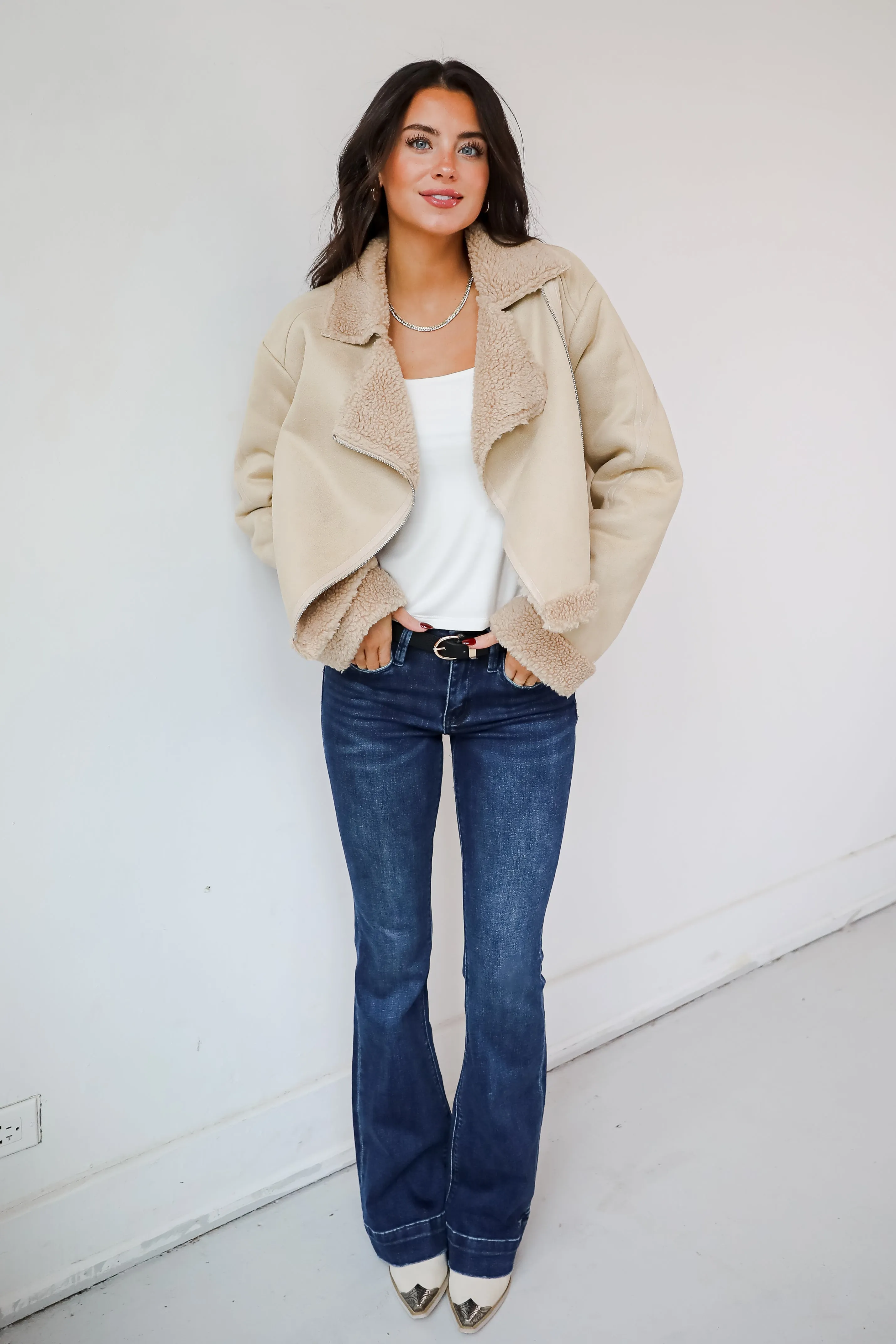 FINAL SALE - Sweetly Cozy Beige Sherpa Moto Jacket