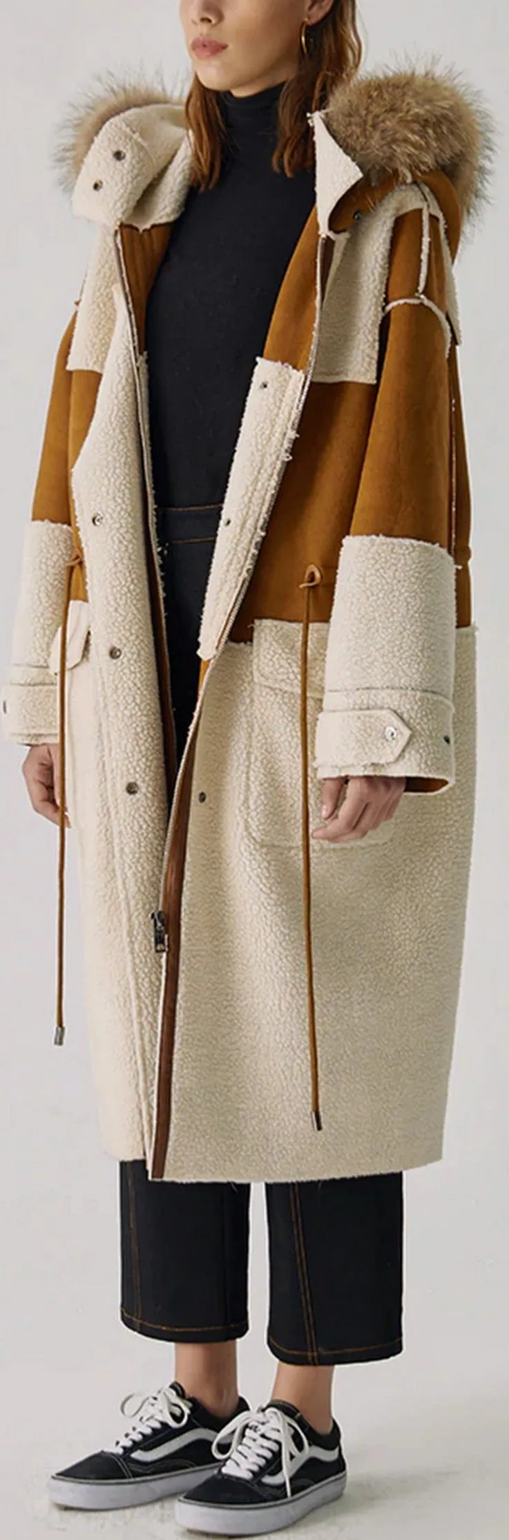 Fur-Hooded Wool and Suede Patchwork Coat