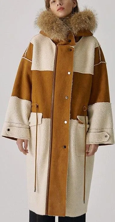 Fur-Hooded Wool and Suede Patchwork Coat