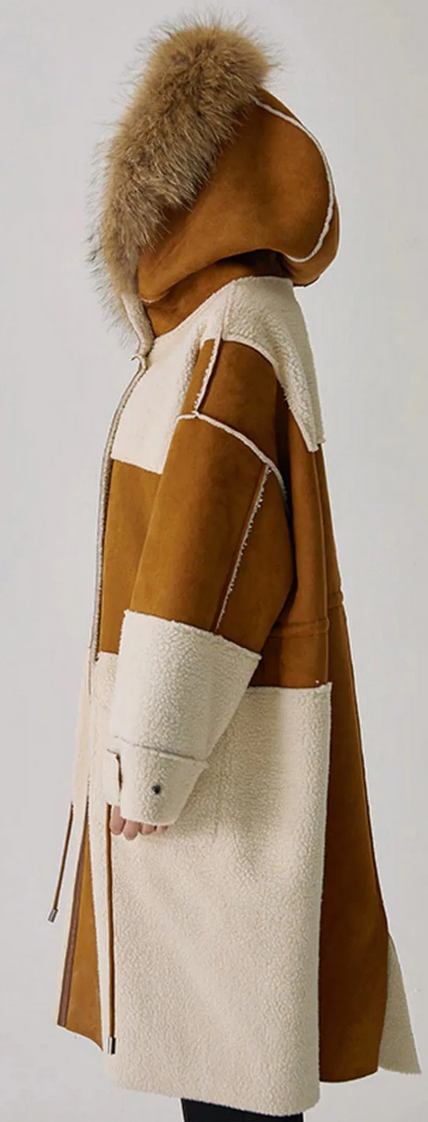 Fur-Hooded Wool and Suede Patchwork Coat
