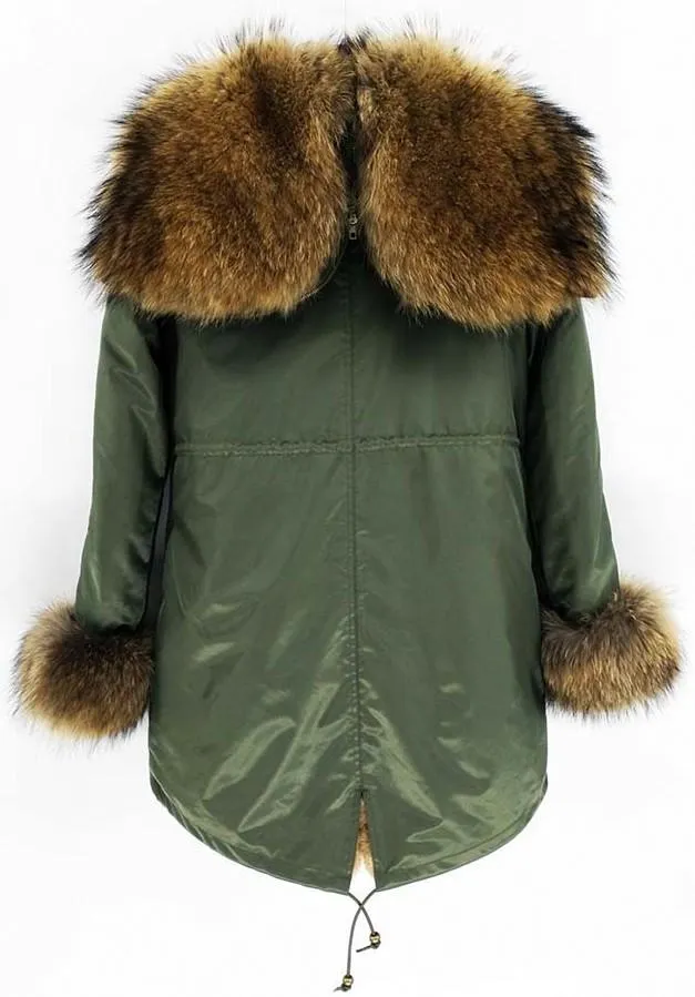 Fur Lined and Trimmed Parka Coat - Blue or Green