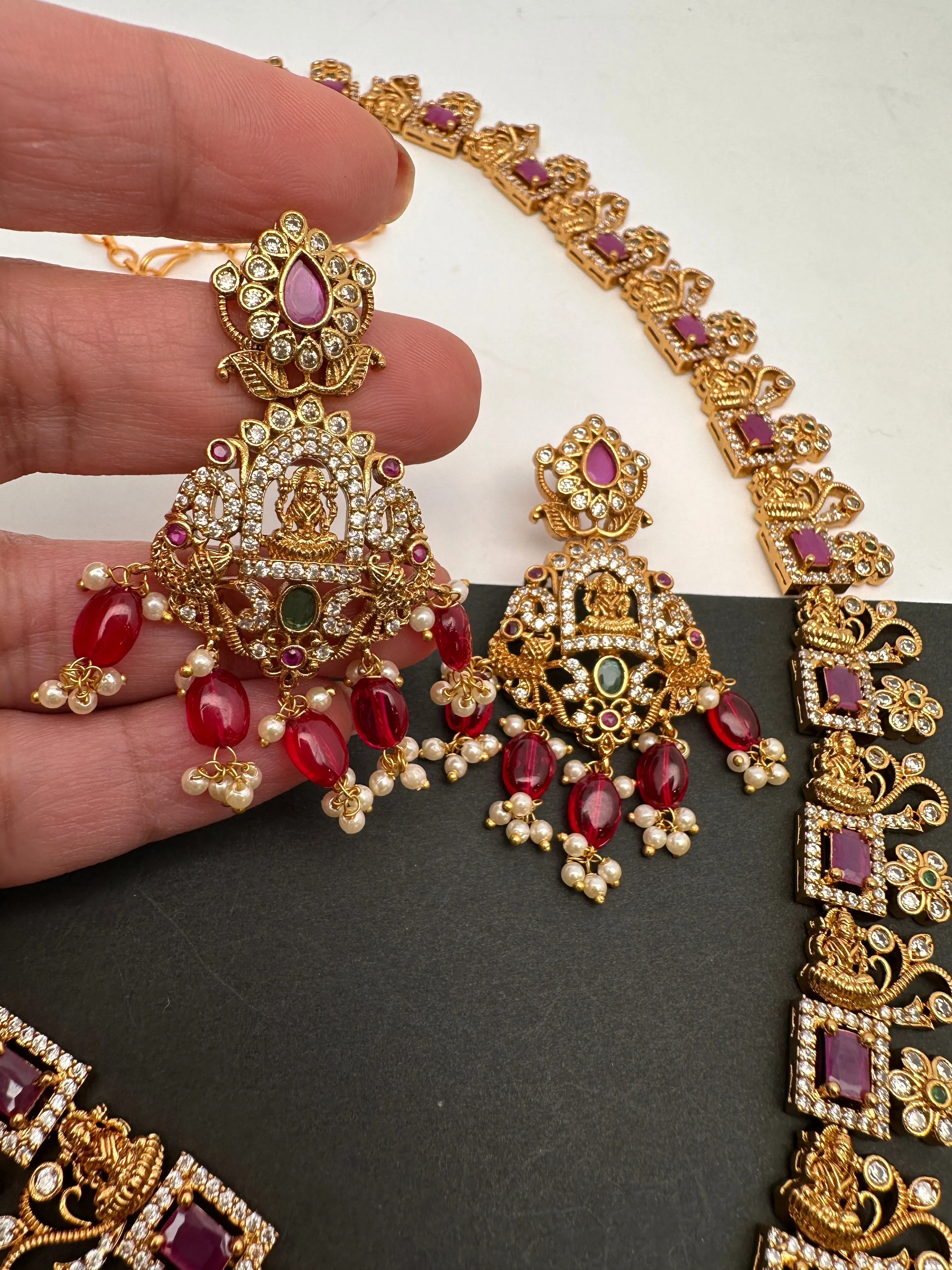 Goddess Lakshmi Red Stone Red beads CZ Matte Finish Necklace